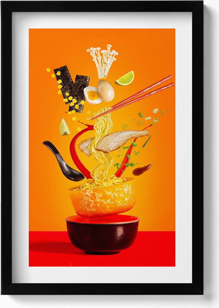 Illustration einer Ramen-Suppe - Küchenmotiv– Wandbild mit Rahmen – Gerahmtes Bild – Wanddekoration – 40x60 cm – Schwarz