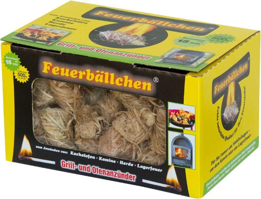 A box of fire starters, also known as 'Feuerbällchen', for grills and ovens.