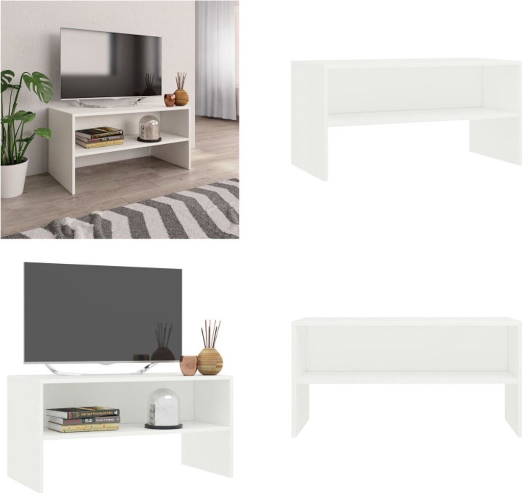 A collage of images showing a white TV stand with a television on it, and separate images of the TV stand.