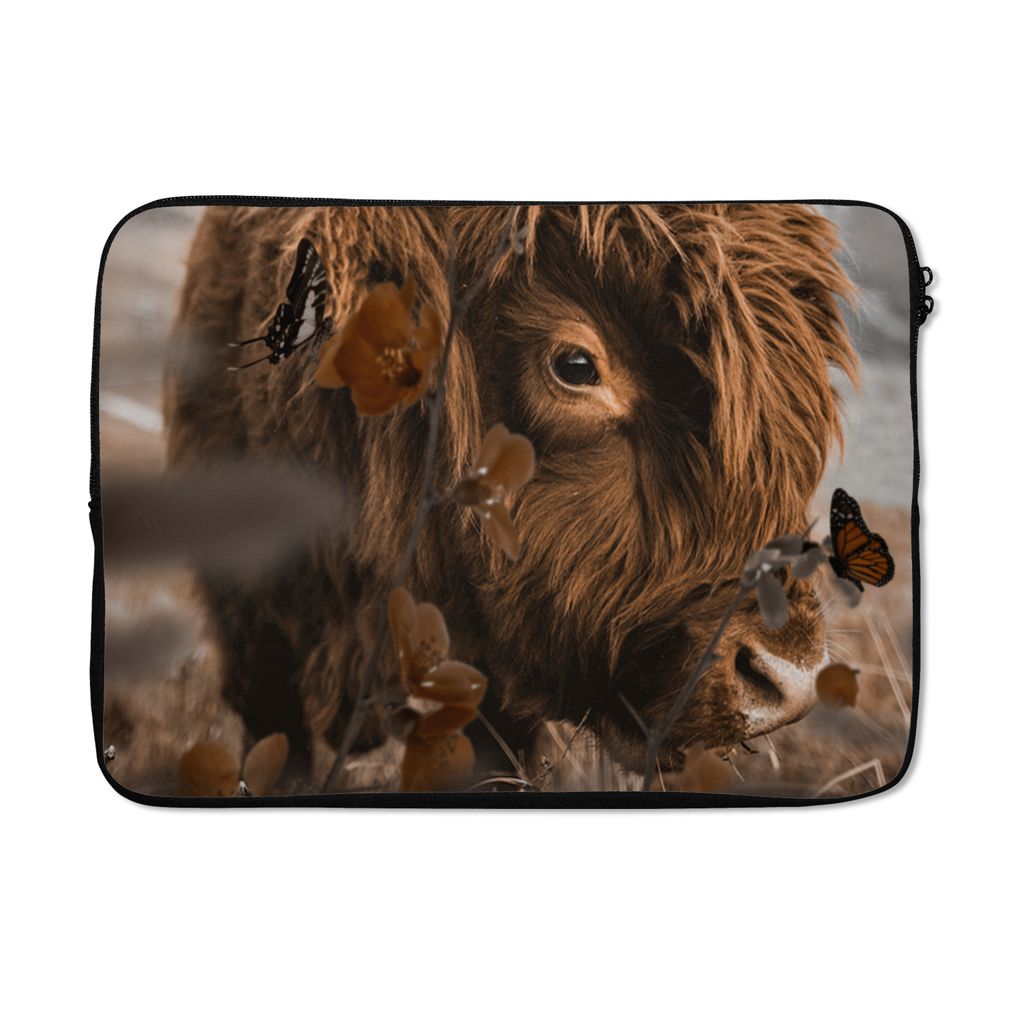MuchoWow Laptop Hülle 14 ZollSchottische Highlander - Schmetterlinge - Blumen Laptoptasche - Laptoptasche - Stoßsicher - Schutzhaube