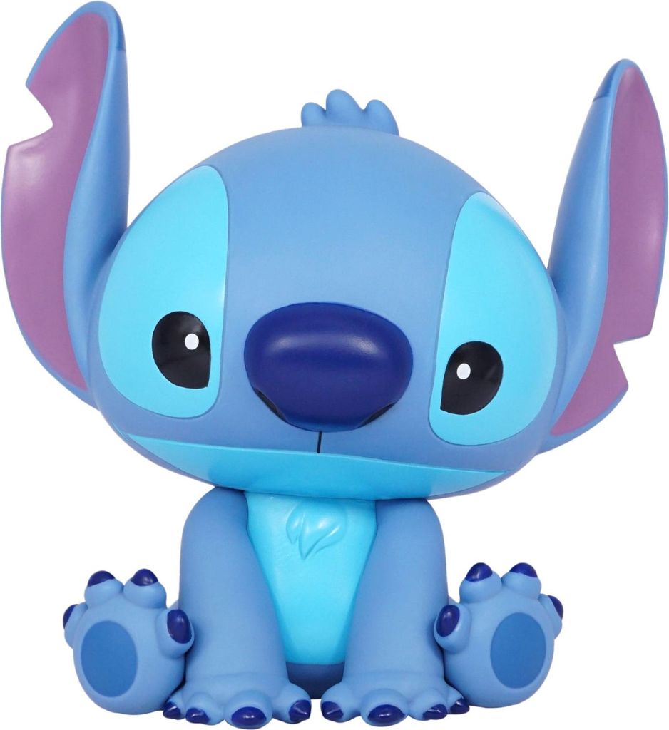 A blue Stitch figurine is sitting and facing forward against a white background.