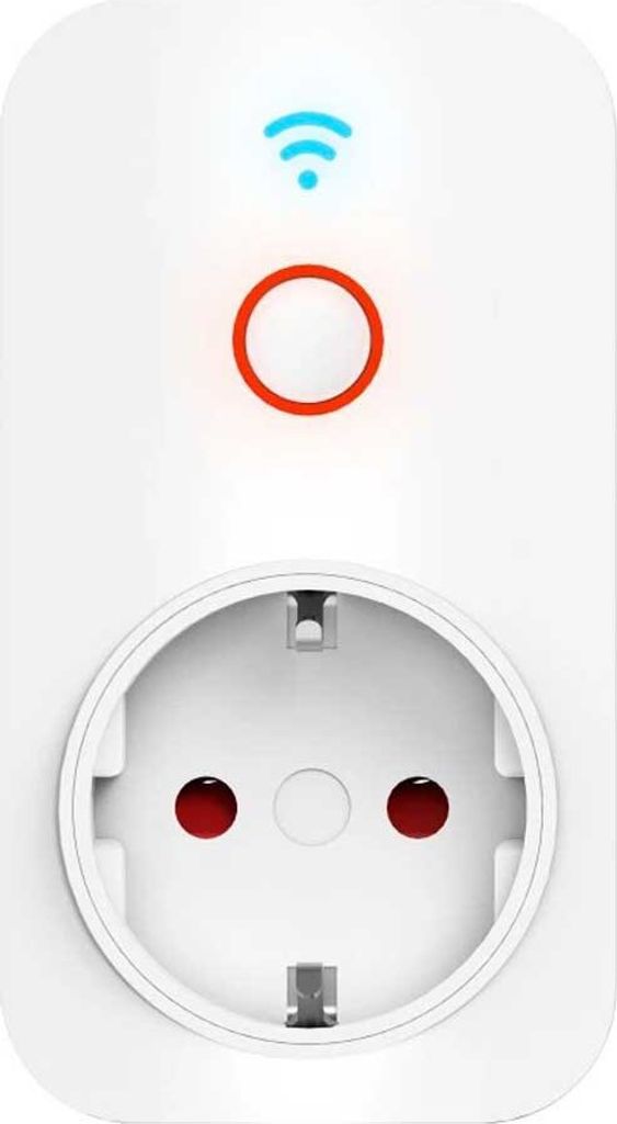 A white smart plug with a USB port and a Wi-Fi symbol.