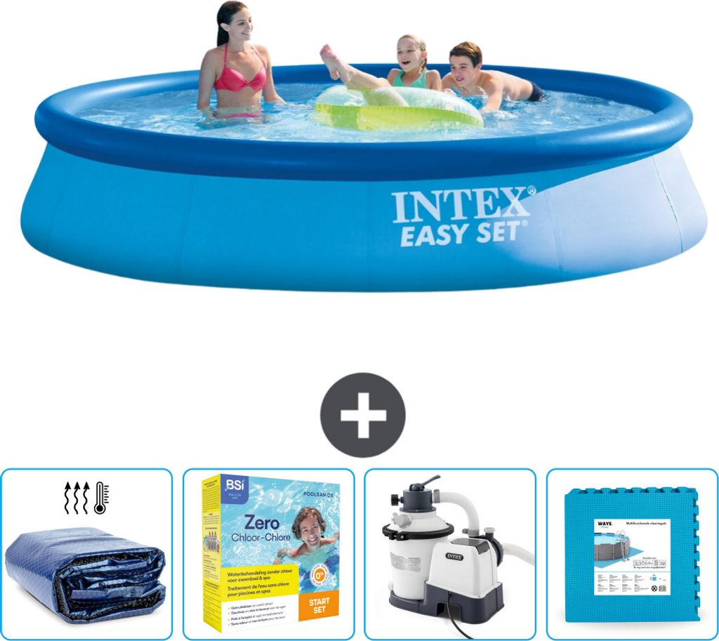 Intex runder aufblasbarer Easy Set-Pool – 396 x 84 cm – Blau – im Lieferumfang enthalten Sonnensegel - Wartungspaket - Filterpumpe für Schwi...