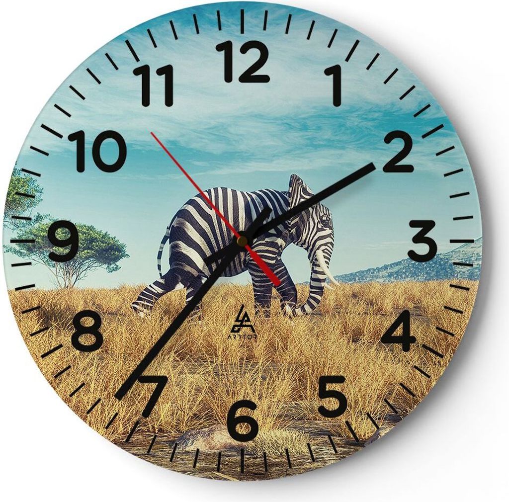 Wanduhr - Rund - Glasuhr - Surreal Elefant Rippen - 30x30cm - Schleichendes Uhrwerk - Lautlos - zum Aufhängen bereit - Dekoration Modern - Wanddek...