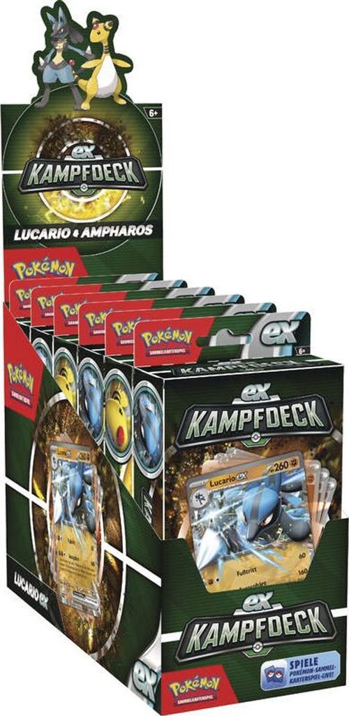 A display box of Pokemon EX-Kampfdeck trading card game decks.
