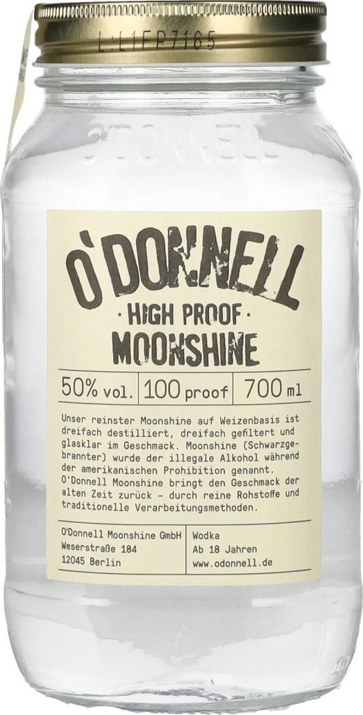 A clear, front-facing shot of a glass bottle of O'Donnell Moonshine.