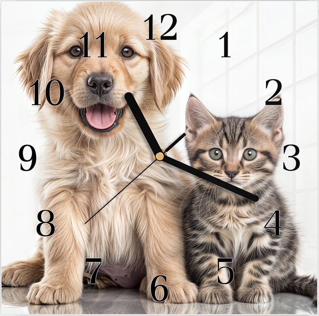 Wanduhr aus Glas mit Motiv Hund und Katze- 30 x 30 cm - inkl. Aufhängesystem