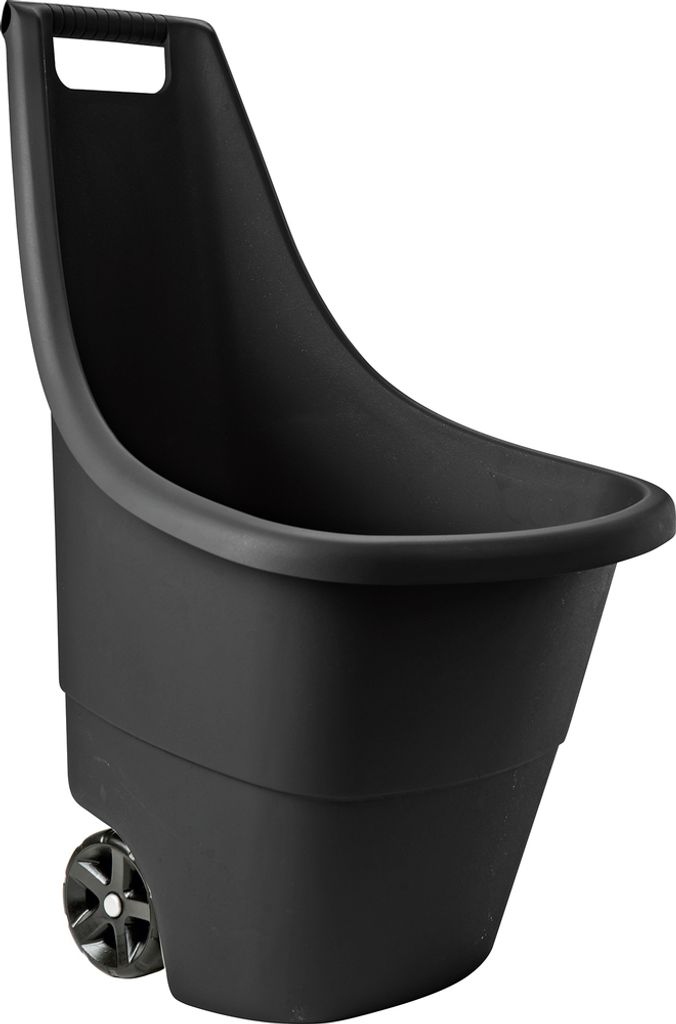 A black garden cart with one wheel is shown against a white background.