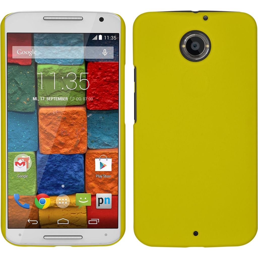 PhoneNatic Case kompatibel mit Motorola Moto X 2014 2. Gen. - Hülle gelb gummiert Hard-case + 2 Schutzfolien