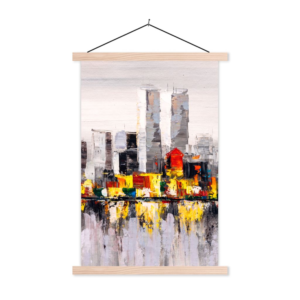 MuchoWow Textilposter Gemälde - Skyline - Farben - Ölfarbe 120x180 cm mit holzfarbenen Rahmen - Textil-Plakat