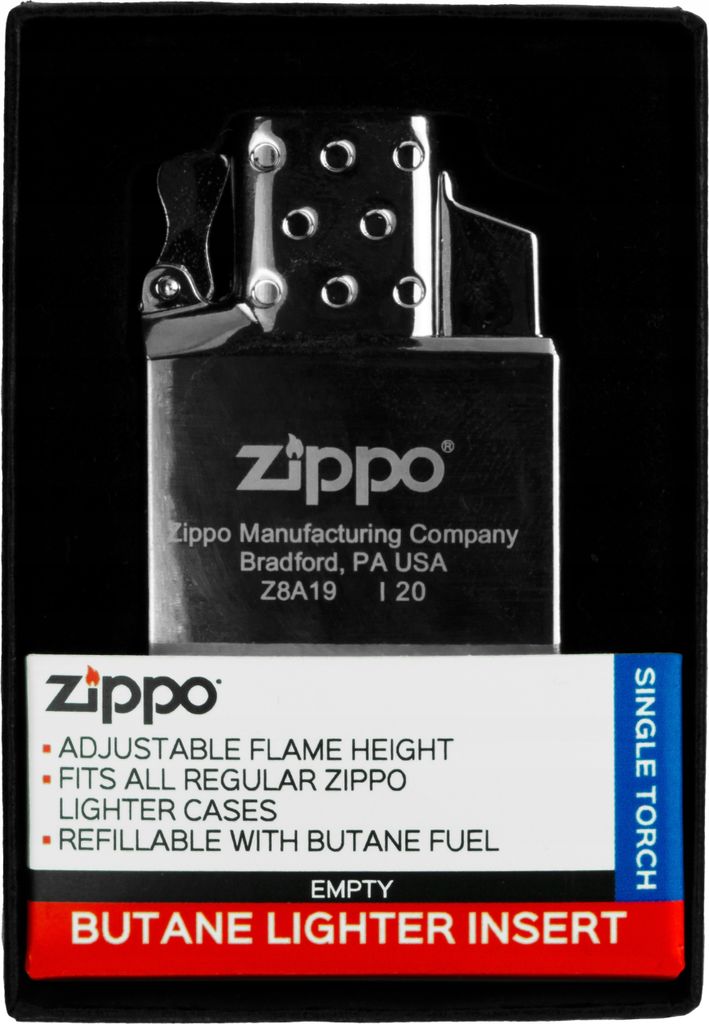 A Zippo butane lighter insert is shown in its packaging.