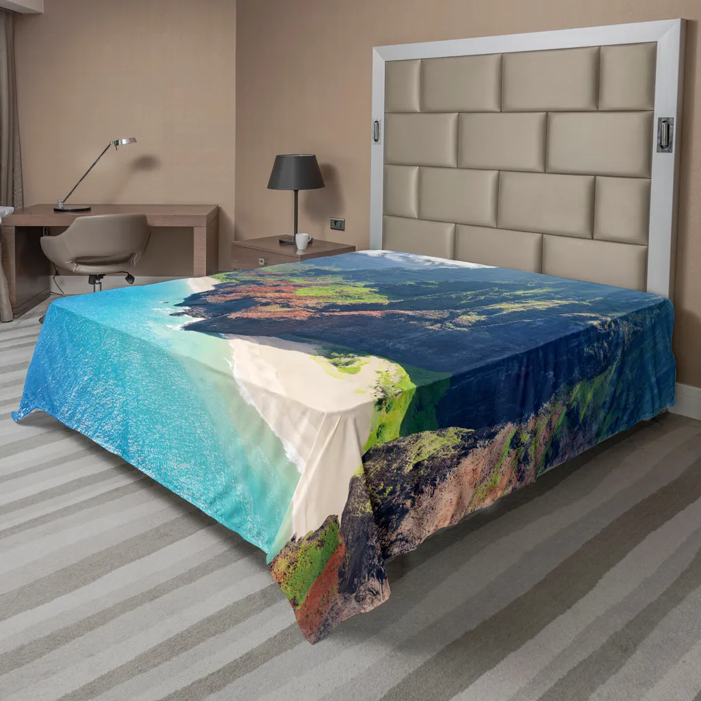 Drap de lit plat ABAKUHAUS motif Hawaï Kauai 244x205cm décoratif bleu