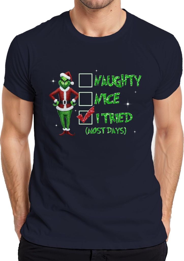 Grinch Santa I Tried (Most Days) Christmas Checkmark Funny Gift Herren T-Shirt, Navy, S