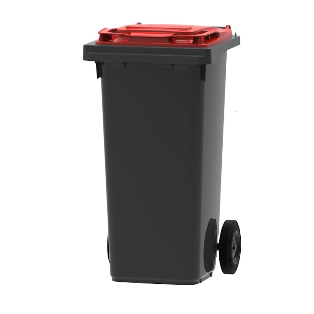 PROREGAL Premium 2-Rad-Mülltonne MGB | 120 Liter, HxBxT 97,4x47,9x55,5cm | HDPE-Kunststoff | Grau, Deckel Rot