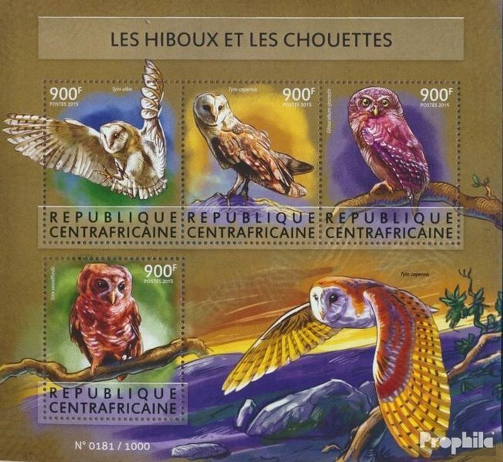 Briefmarken Zentralafrikanische Republik 2015 Mi 5640-5643 Kleinbogen (kompl. Ausgabe) postfrisch Eulen