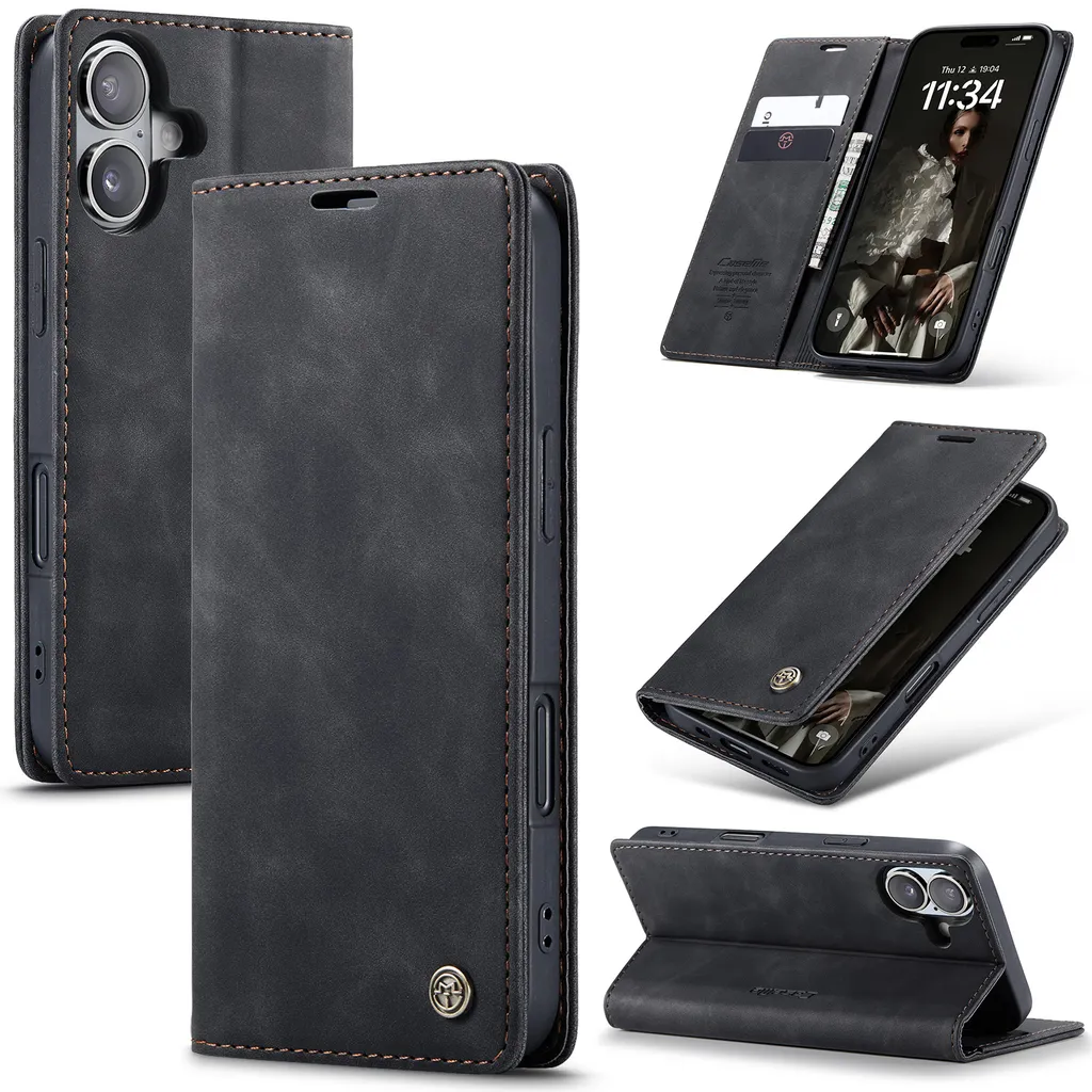 Cover iPhone 16 Nero Finto Cuoio - Custodia Sottile con Stand