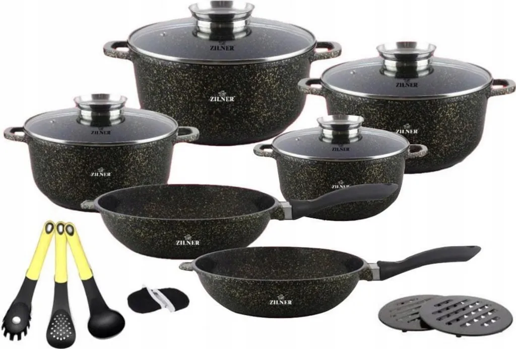 Set di pentole in alluminio Zilner Gold 17 elementi, per tutti i tipi di fornelli, ideale come regalo, design elegante e senza tempo Zl-7215 - 1