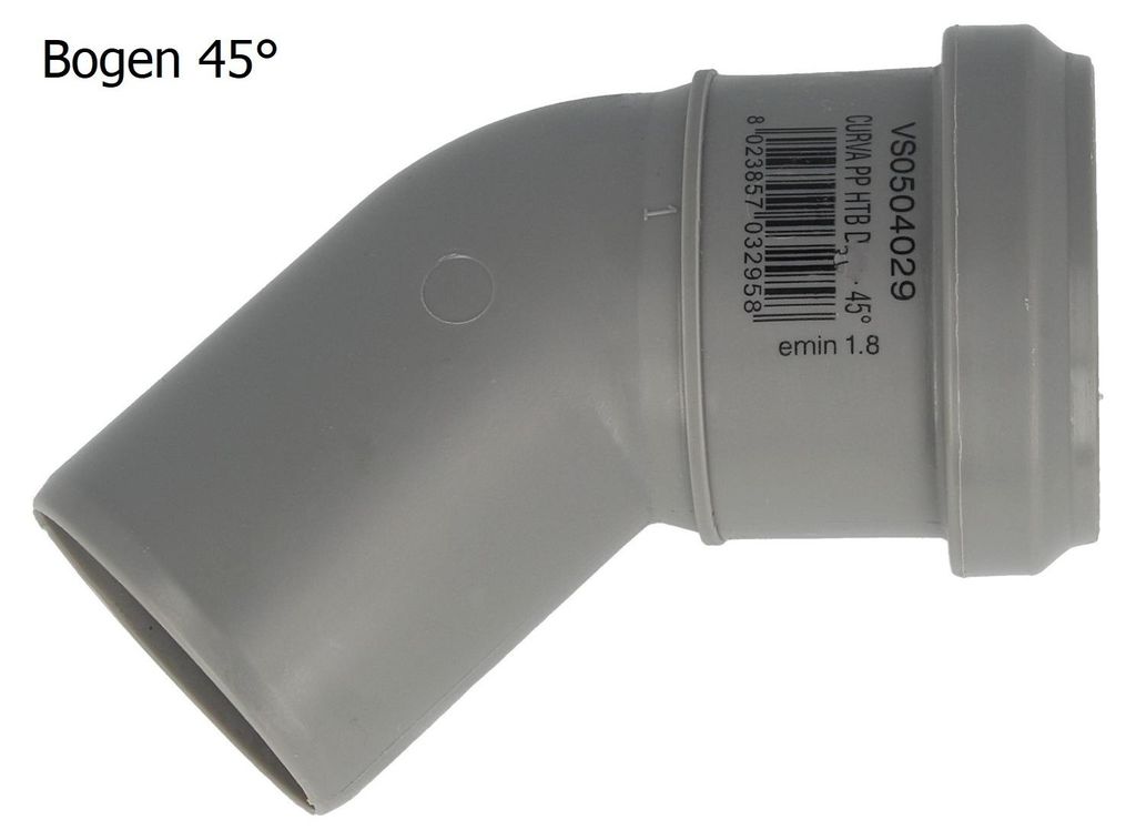 HT Bogen Ø 90 x 45°, mit einseitiger Steckmuffe und Produktbild 