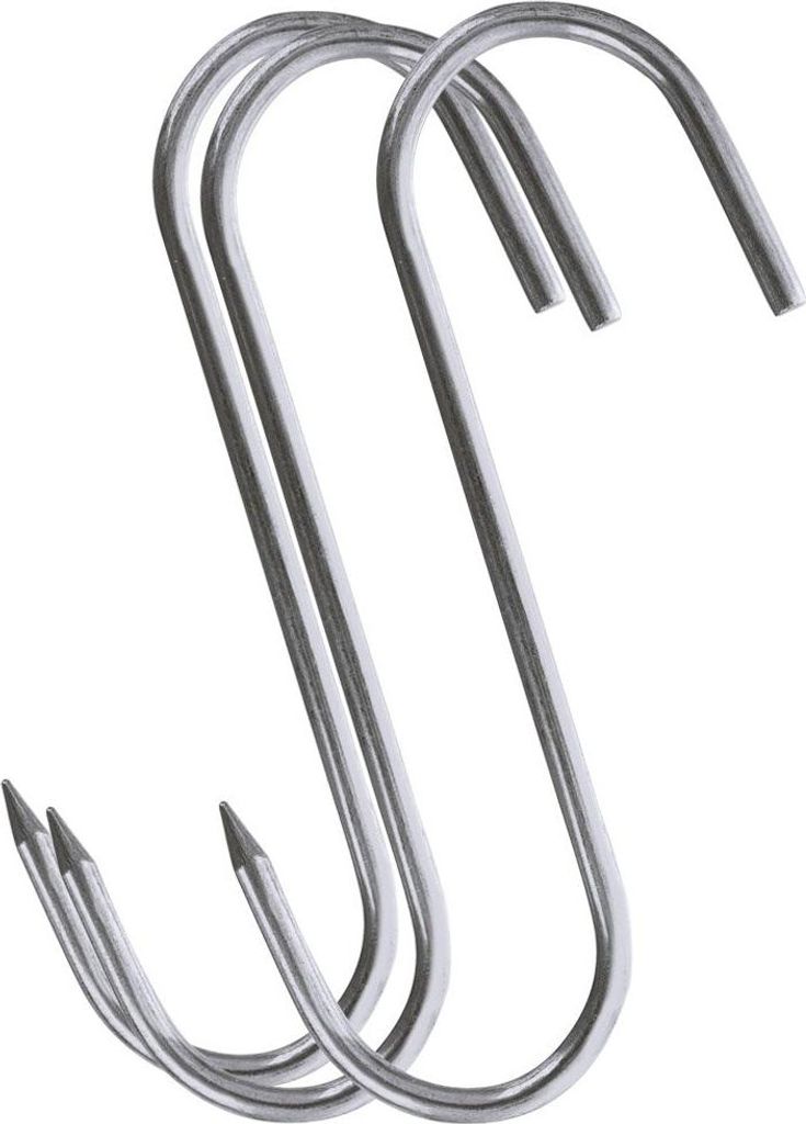 Two S-shaped metal hooks with pointed ends.