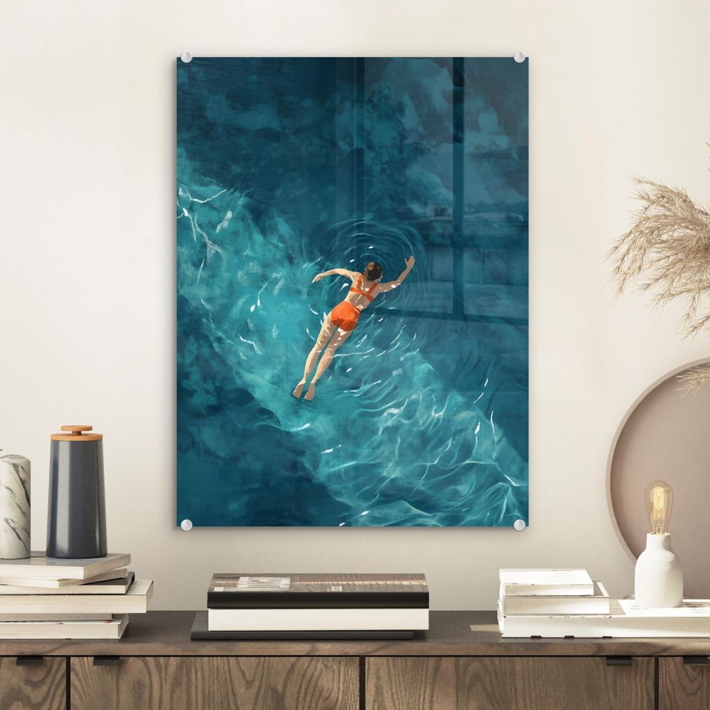 MuchoWow Glasbilder - Bilder auf Wandbild - Foto auf Glas Frau - Wasser - Bikini - Orange 30x40 cm Wanddekoration aus Glas - Acrylglasbild - Acrylb...