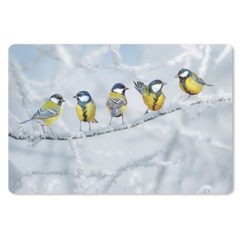 MuchoWow Schreibtischunterlage Vogel - Kohlmeise - Winter - Schnee - Zweige 60x40 cm - XXL Mauspad - Großes Mauspad