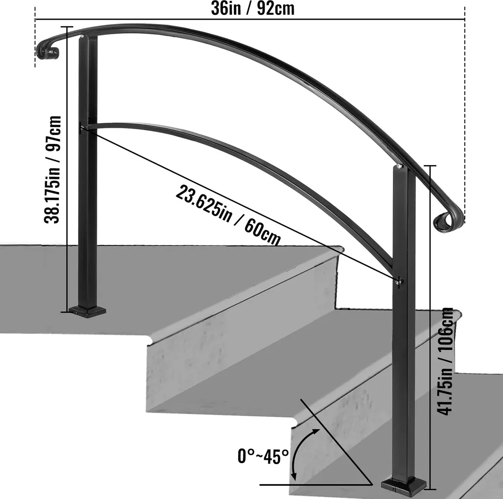 Rampe d'Escalier Extérieure en Métal Noir 3 Ft - Garde-corps Robuste