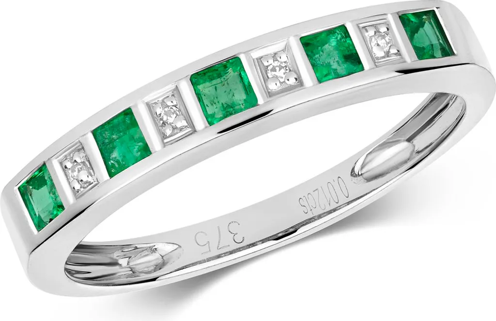 Alliance Femme en Or Blanc Ornée d'une Émeraude et Diamants Brillants