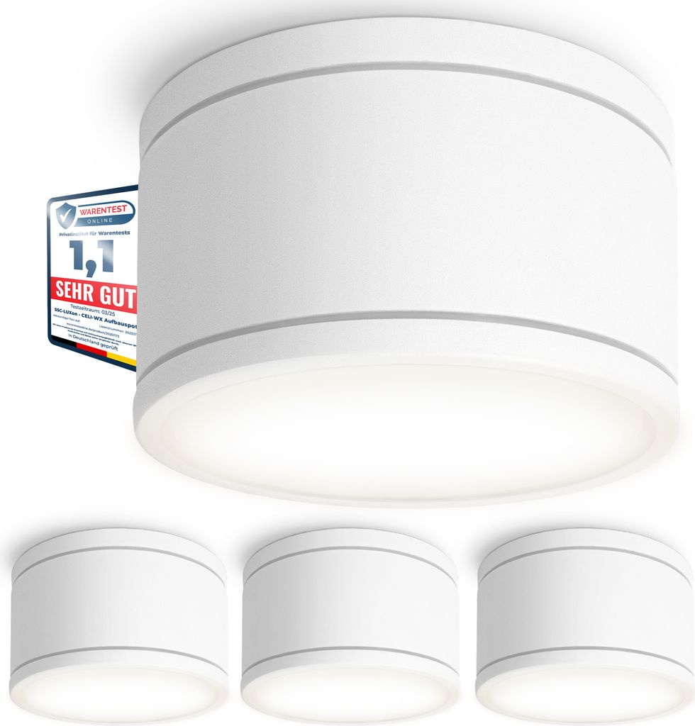 SSC-LUXon CELI-WX 4er Set flache LED Deckenspots Aufputz IP44 für Bad & Außen mit LED GX53 neutralweiß 3W - Strahler weiß 230V