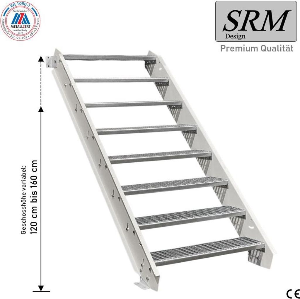 8 Stufen Stahltreppe Weiß Breite 90 cm Geschosshöhe 120 - 160 cm ohne Geländer