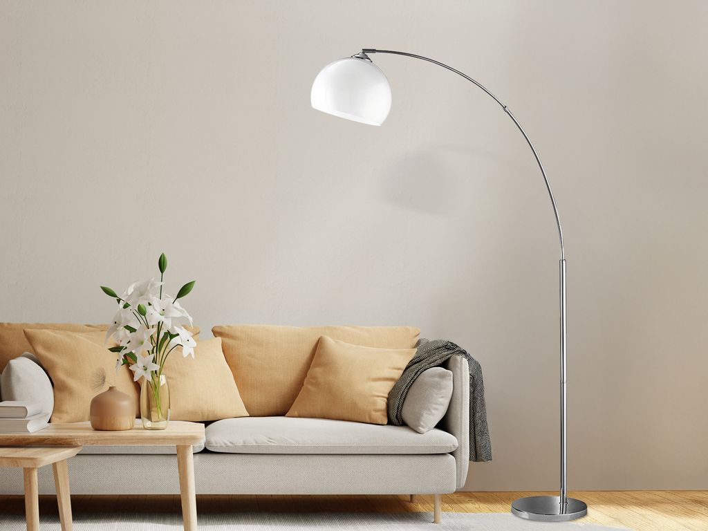 Dimmbare LED Bogenlampe große Ausladung für über Esstisch - gebogene Stehlampe
