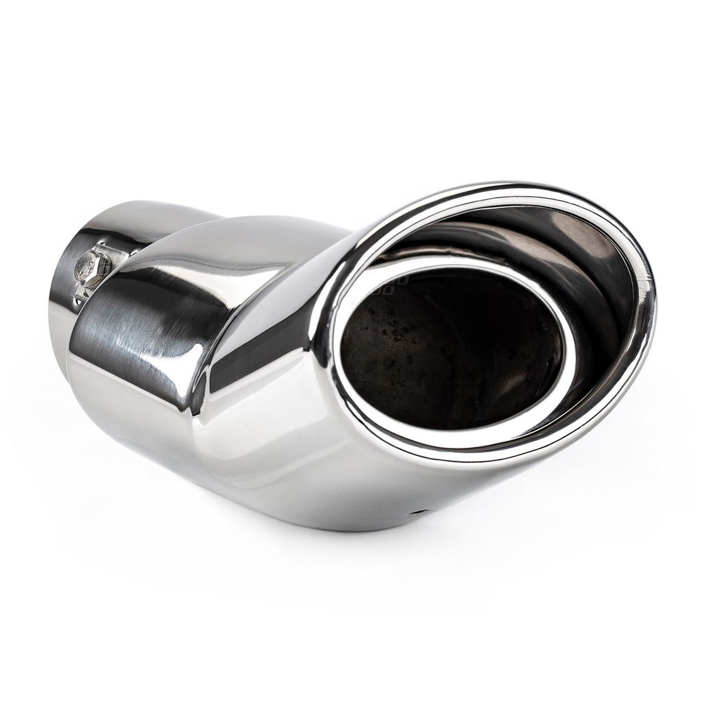 A shiny chrome exhaust tip on a white background.