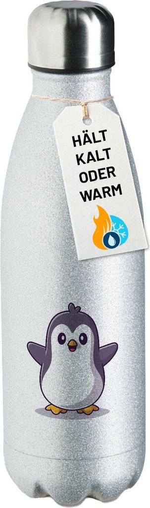 Huuraa Trinkflasche Pinguin Comic 500ml Silver Edelstahl Wasserflasche Trinkflasche Geschenkidee