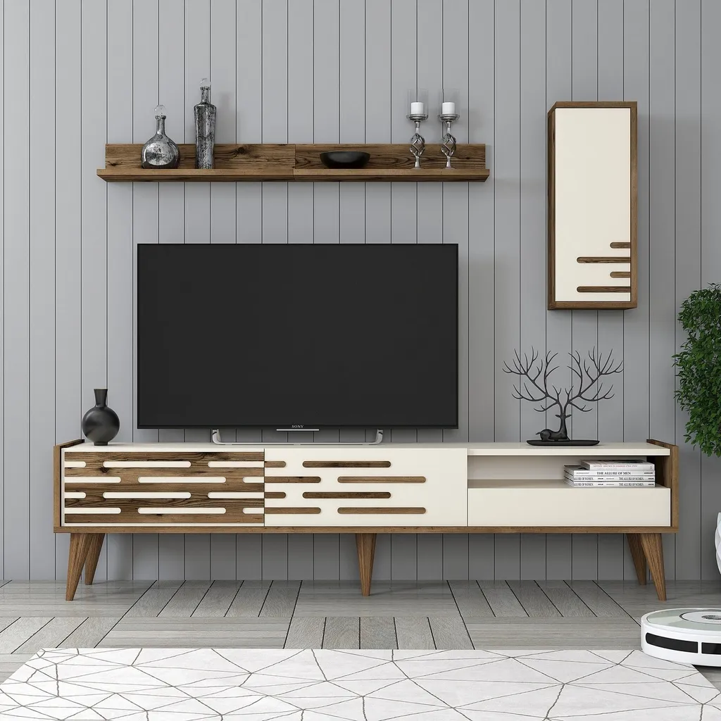 Banc TV Design Valensiya Noyer et Crème 180x45cm Style Scandinave