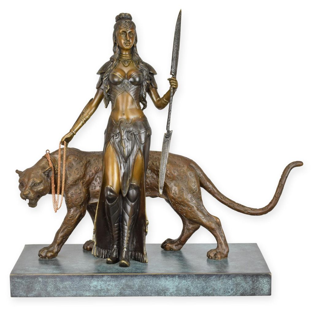 Eine Bronzeskulptur einer Frau mit Panther Replikat Retro Design Dekoration