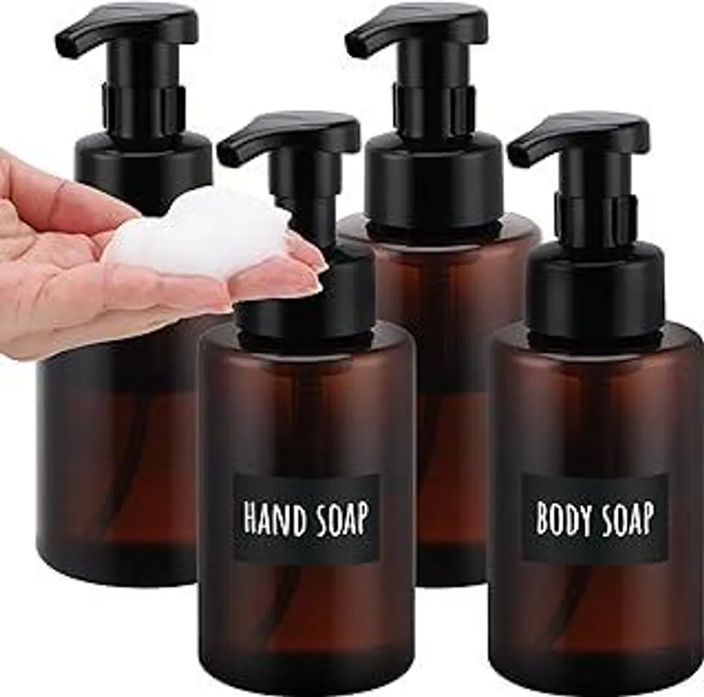 Segbeauty Dispenser per sapone liquido, 4 pezzi Dispenser per shampoo da 400 ml per doccia, flacone con pompa in plastica, dispenser per sapone con pompa per schiuma, per cucina, bagno, dispenser per sapone moderno (marrone)