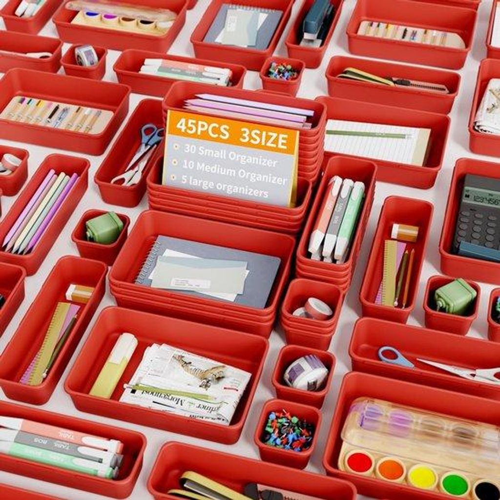 45-teiliges Lade-Organisations-System für Büro mit 3 Größen, Make-up-Kaptafel, roter Lade-Organizer für Schlafzimmer, Bad, Büro