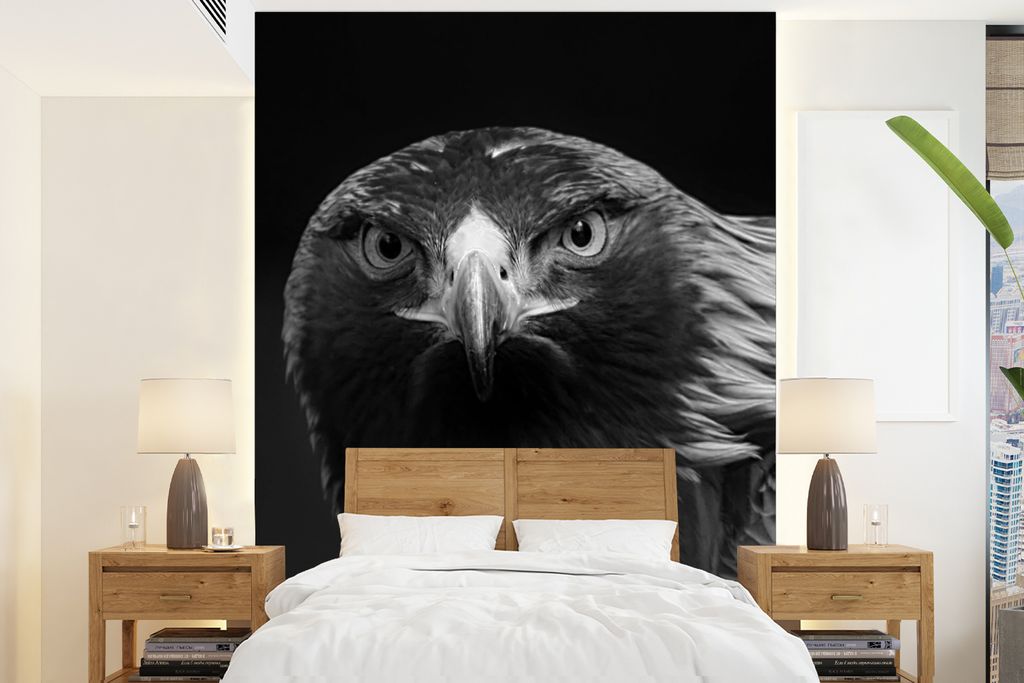 MuchoWow Fototapete für Wohnzimmer oder Schlafzimmer Wandtapete Vinyl Motivtapete Bussard - Vogel - Tiere - Schwarz - Weiß - 160x220 cm - Bilds...