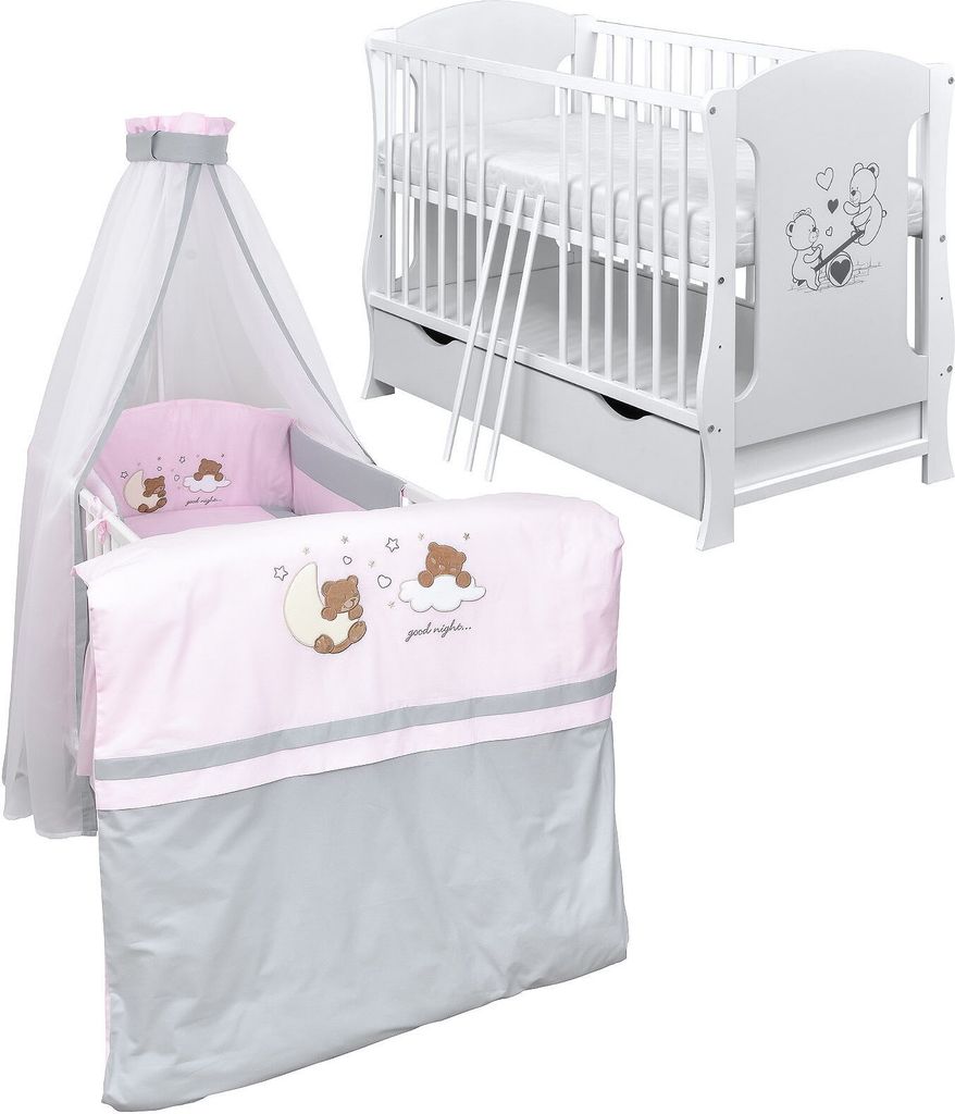 Baby-Delux Babybett Kinderbett Lia 120x60 Teddy Wippe Weiß inkl. Schublade Bettset Komplett Traumland Rosa Schaumstoffmatratze