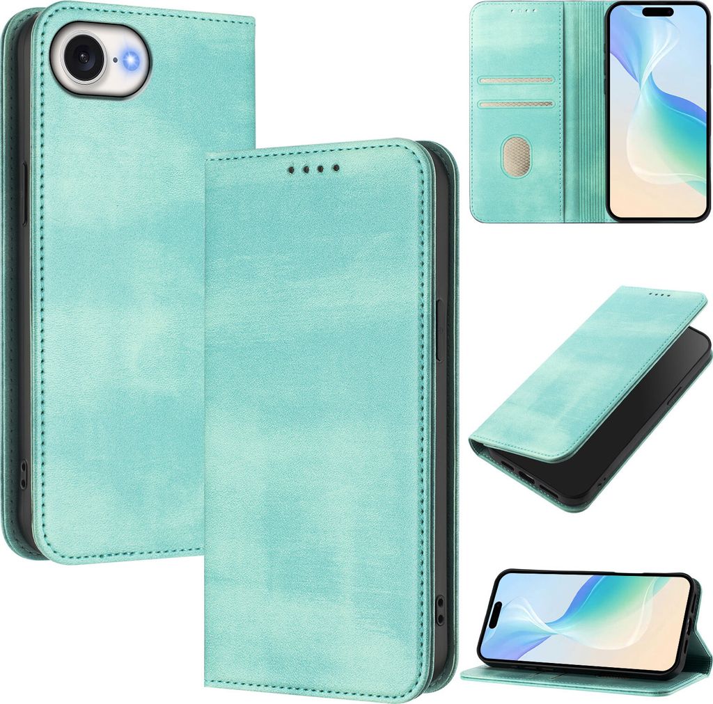 Handyhülle für iPhone 16e/iPhone 17e, Vintage Leder RFID Schutz Kartenfach Standfunktion Magnetische Klapphülle Türkis