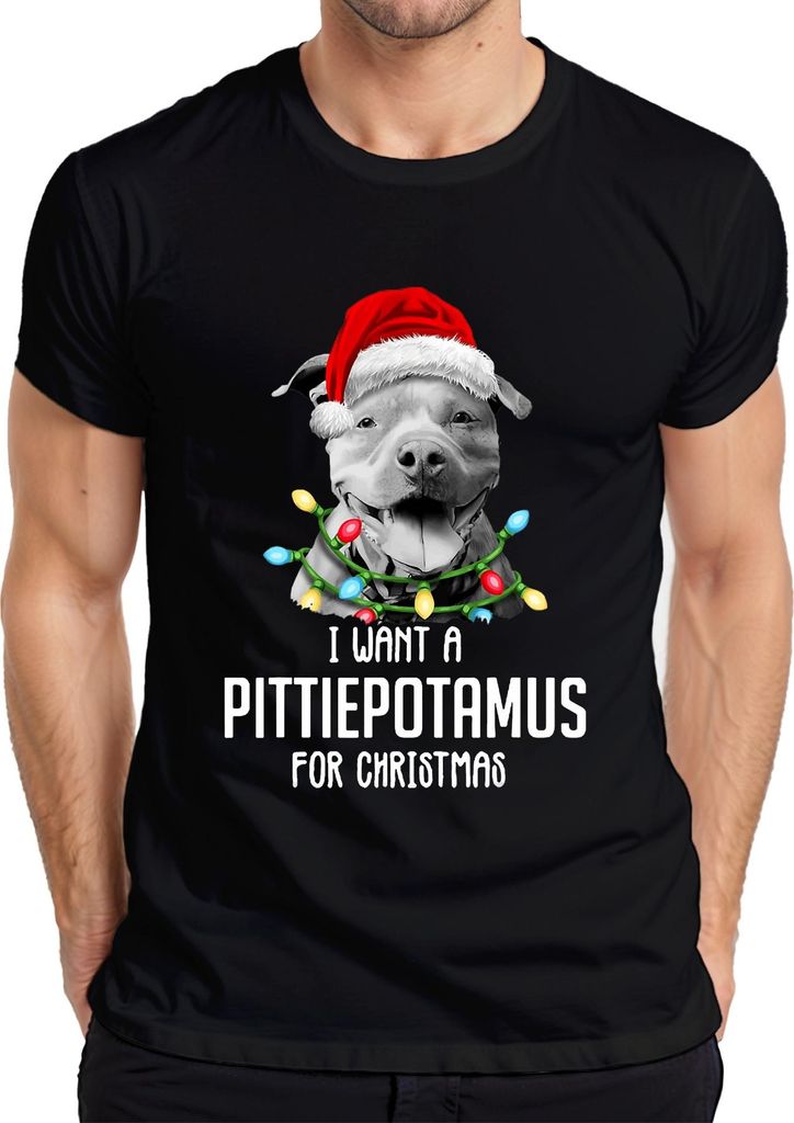 I Want A Pittiepotamus For Christmas Pitbull Santa Hat Funny Gift Herren T-Shirt, Schwarz, 3XL