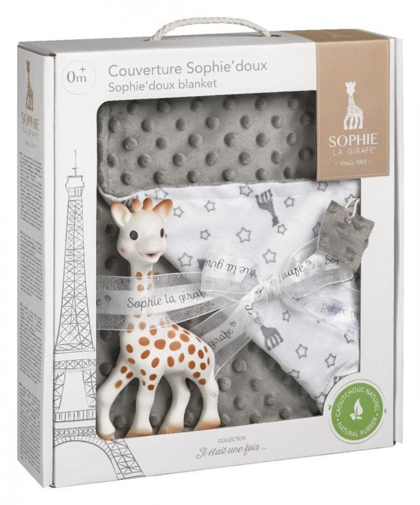 Geschenkset zur Geburt 1 Sophie la girafe + 1 Schmusedecke 91 x 73 cm