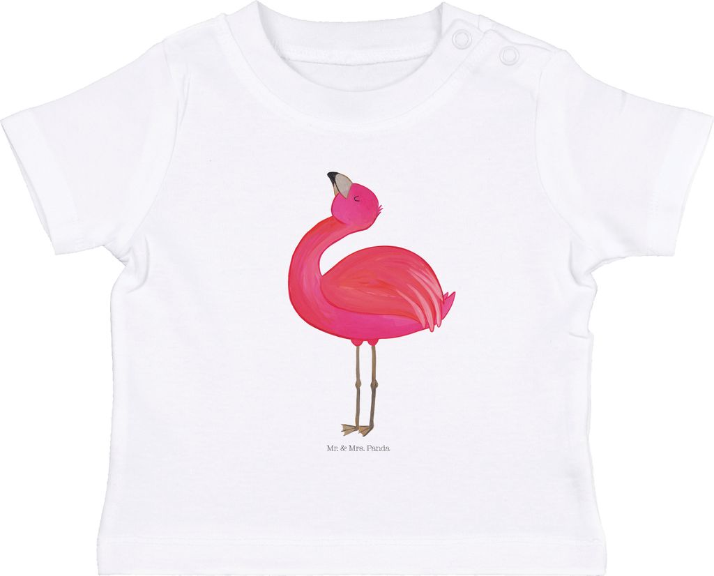 Mr. & Mrs. Panda T-Shirt Flamingo Stolz 0. - 6. Monat - Weiß - Geschenk, Kleinkind, Selbstliebe, Organic Baby Shirt, Kinder, Babyshirt, Mama