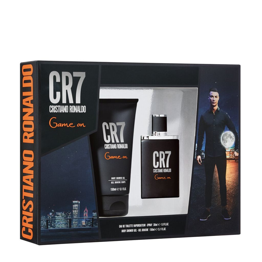 A gift set box for Cristiano Ronaldo CR7 Game On fragrance, featuring a bottle of eau de toilette and a tube of body shower gel, with an image of Cristiano Ronaldo on the right.