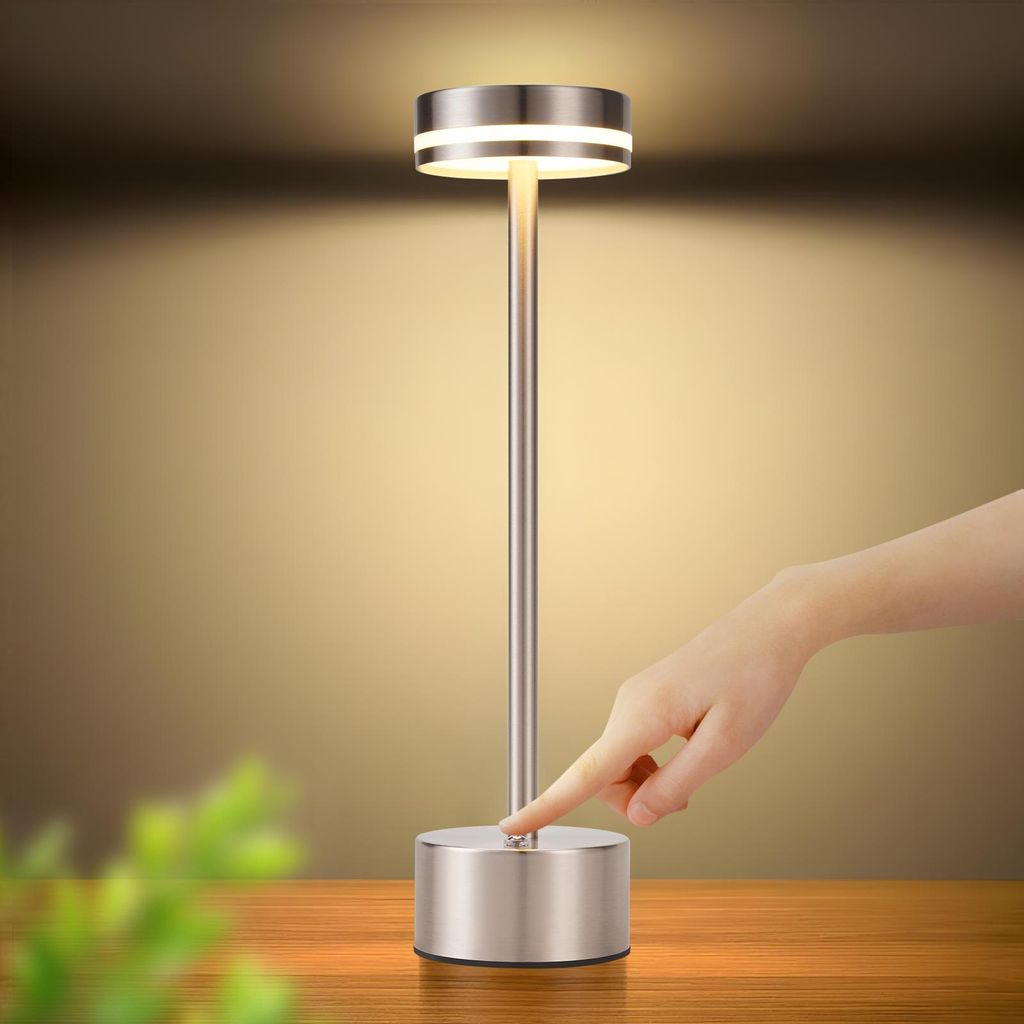 ZMH Tischleuchte Akku LED Tischlampe Kabellos Nachttischlampe Dimmbare mit USB-C Touch Lampe 3000K-6500K Silber Tischlampen für Schlafzimmer Esszi...