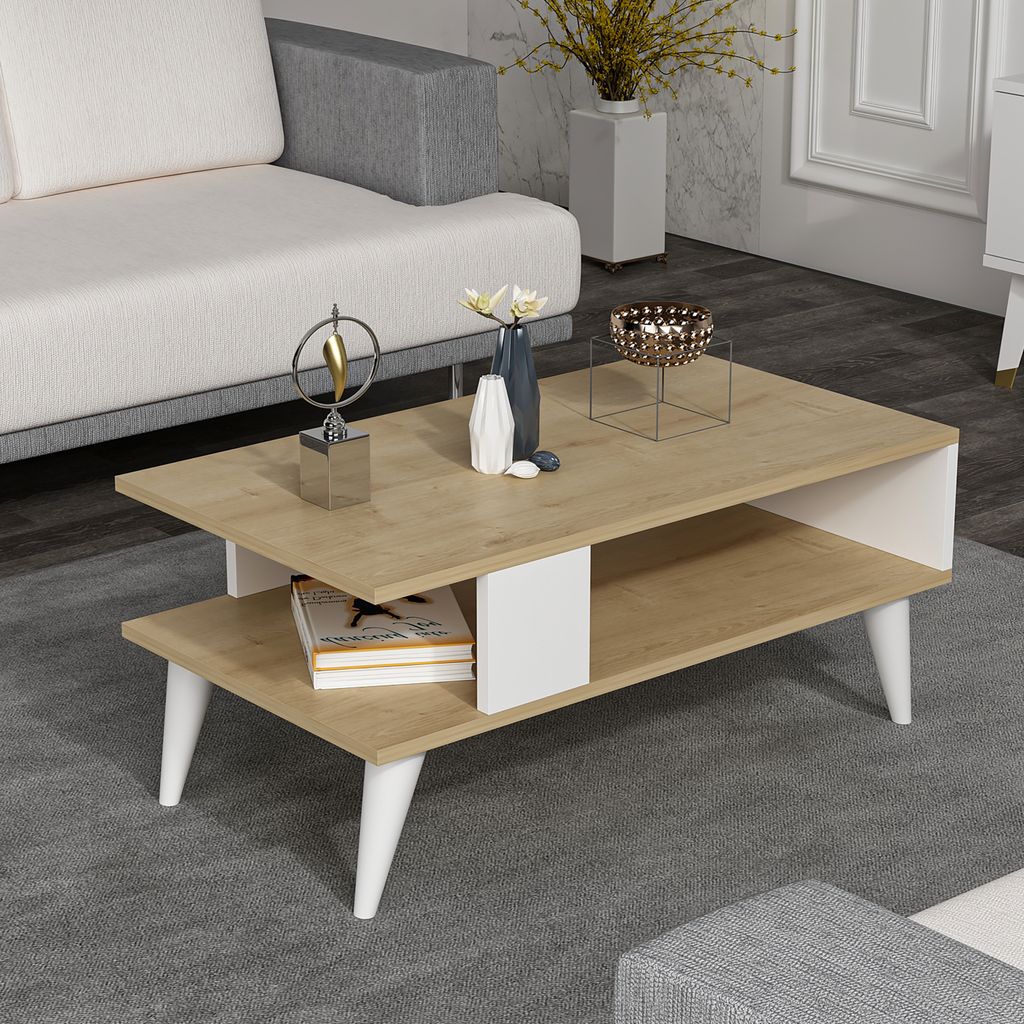 Couchtisch Lycksele Beistelltisch Wohnzimmertisch mit Stauraum rechteckig Eiche-Optik Weiß mit unterer Ablage Sofatisch