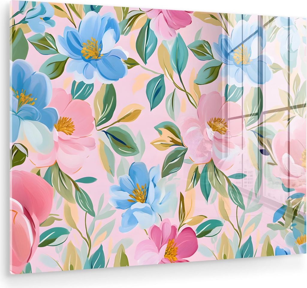 MuchoWow Glasbilder - Bilder auf Wandbild - Foto auf Glas Blau - Rosa - Blumen 80x60 cm Wanddekoration aus Glas - Acrylglasbild - Acrylbilder - Wan...