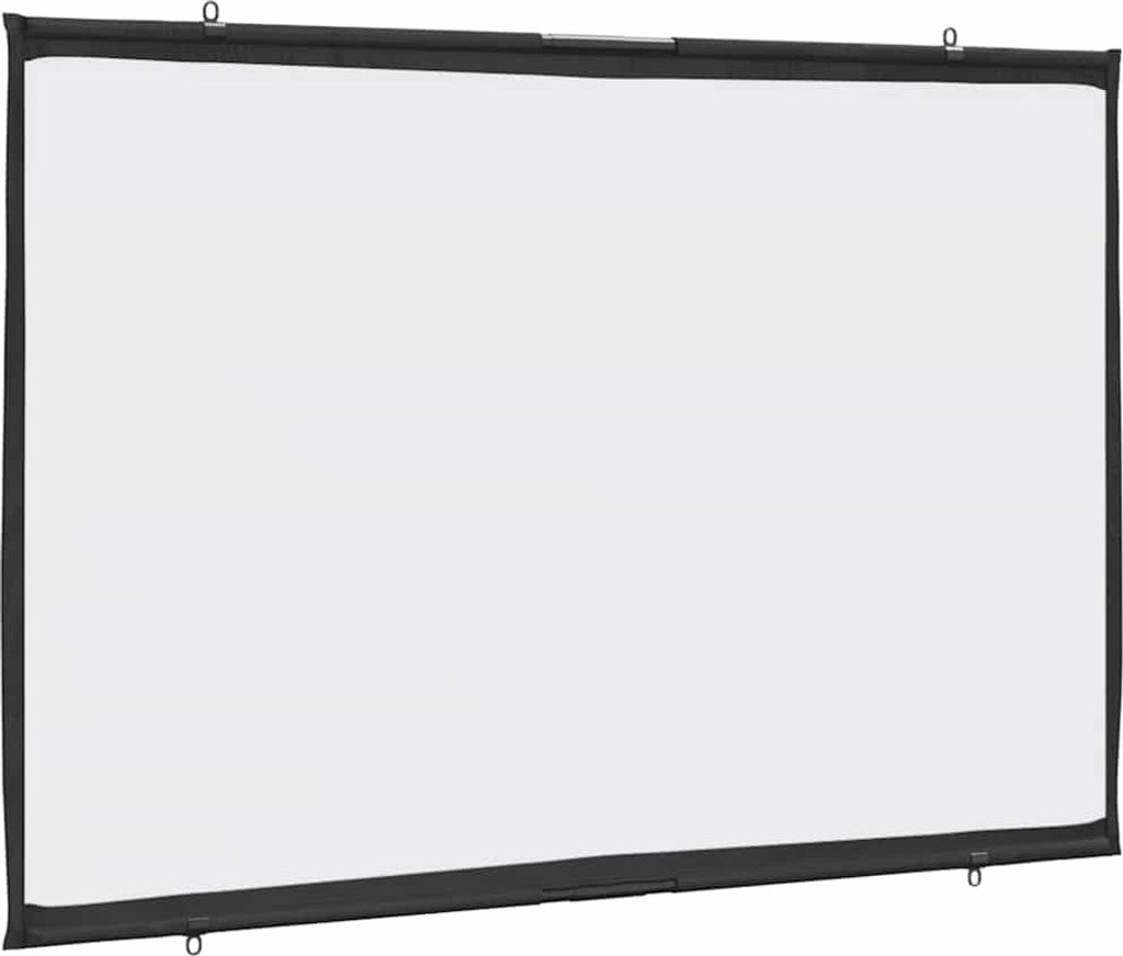 A white projection screen with a black border and hanging loops.