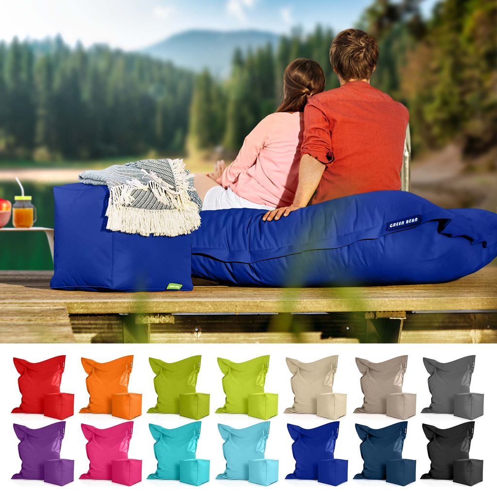 Green Bean XXL Riesensitzsack 140x180cm + Hocker 40x40x40cm mit EPS-Perlen Füllung - 2er Set Sitzsack "Square+Cube" Blau