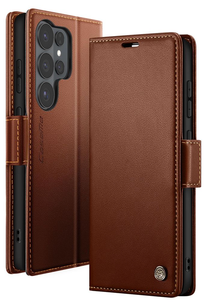 CaseMe, Anti-RFID Wallet Etui glänzende Lederoptik Galaxy S26 Ultra, Dunkelbraun