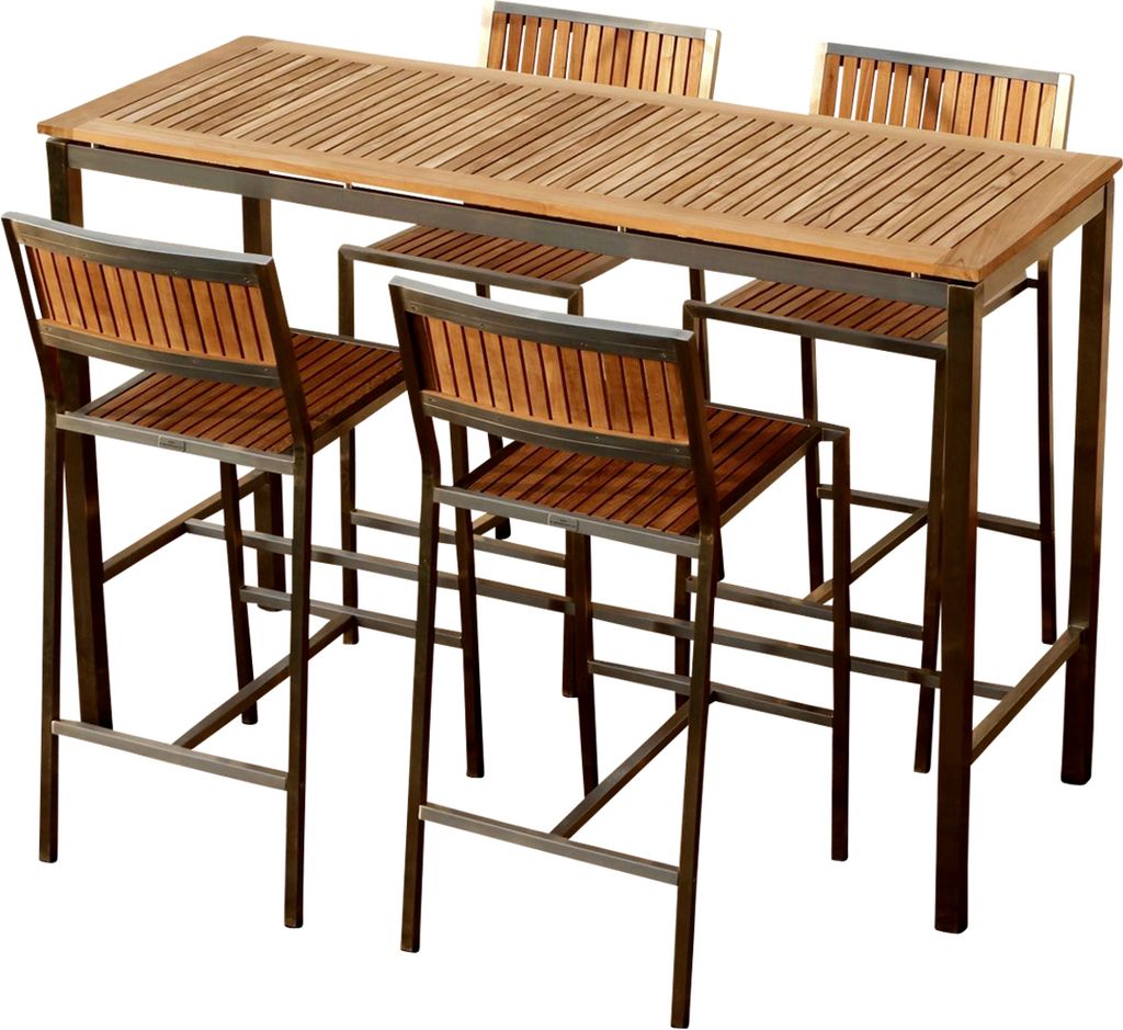 ALEOS. Bar Set aus Edelstahl und Teak Holz Bartisch Bistrotisch 160x60cm mit 4x Barhocker Gastroqualität Modell Mexiko A-Grade Teakholz